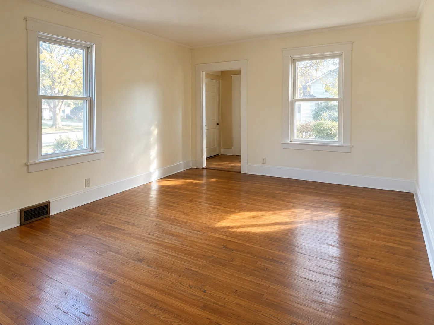 AI-generated illustration of an empty living room with wood floors and warm window light